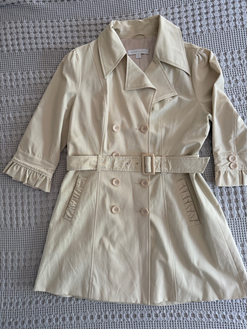 NY & Company Cream Double-Breasted Trench w/ 3/4 sleeves w/ cute ruffle trim